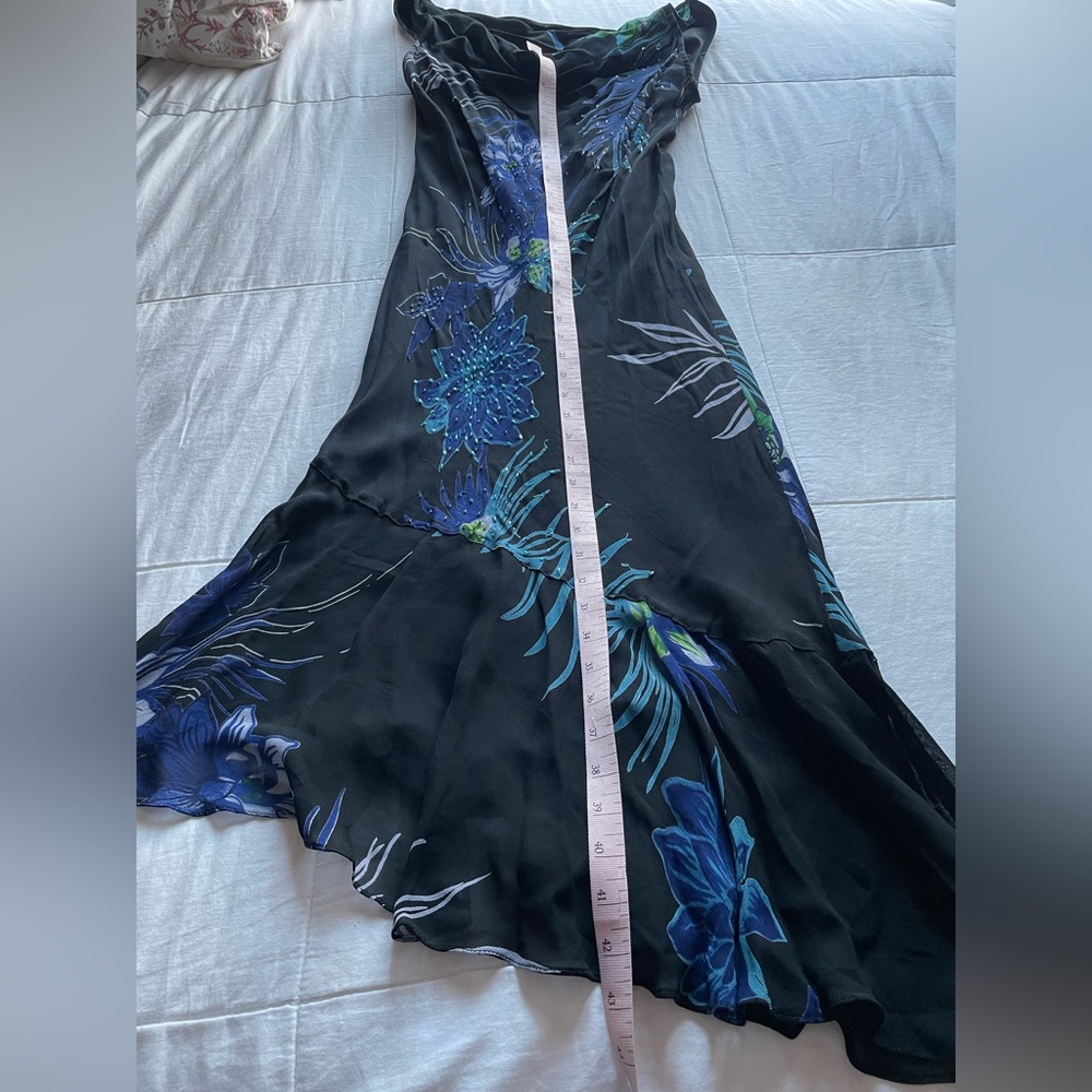 Vintage Eva Blue Dark Floral Beaded Cowl Neck Asymmetric Slip Dress 8 Fairycore - Picture 8 of 8